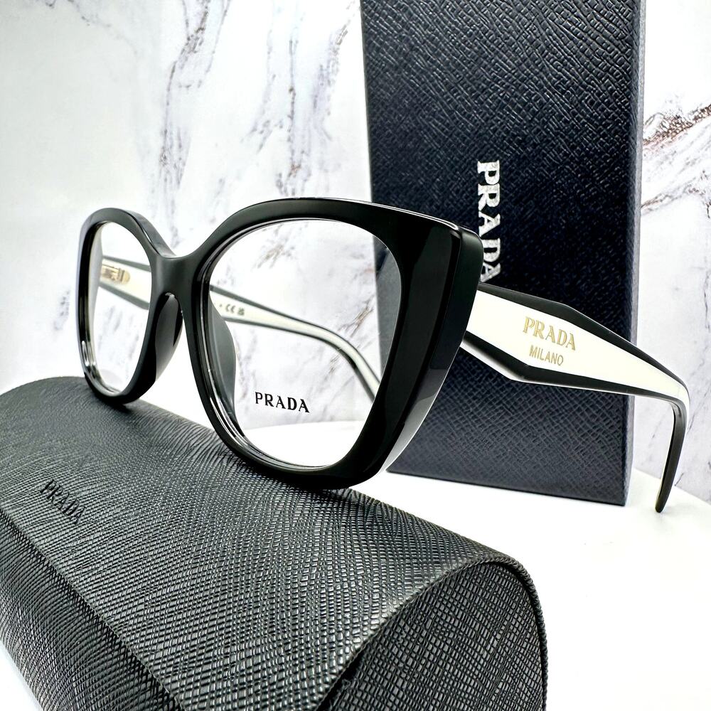 New PRADA Eyeglasses Cat Eye Black White Gold 53-17-140 Womens